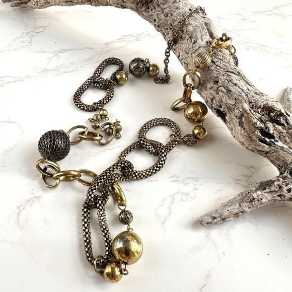 Jewelry - Vintage Long Necklace W/ Metal Mesh Beads & Links Gold-Tone 32"